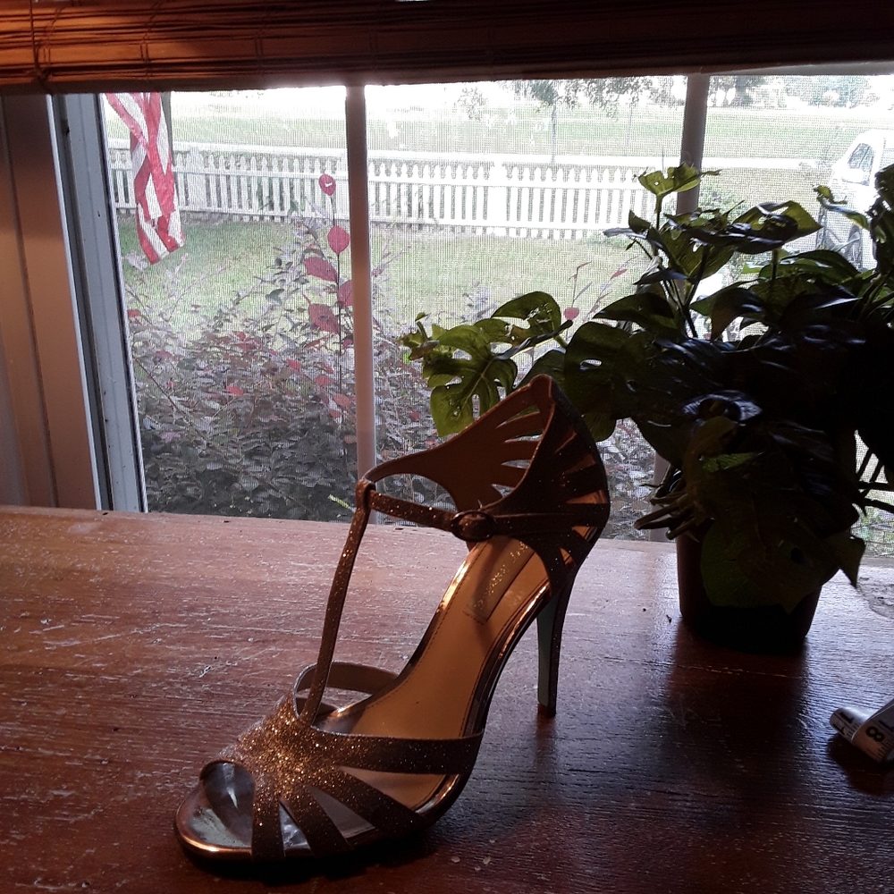 Betsey Johnson Silver Glitter T-Strap Heel